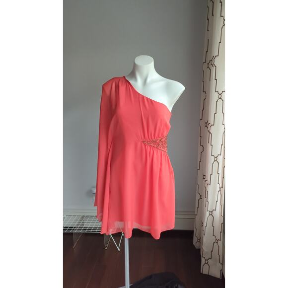 Free People One Shoulder Beaded Chiffon Mini Dress size 4  Papaya Party   Small - Picture 1 of 13